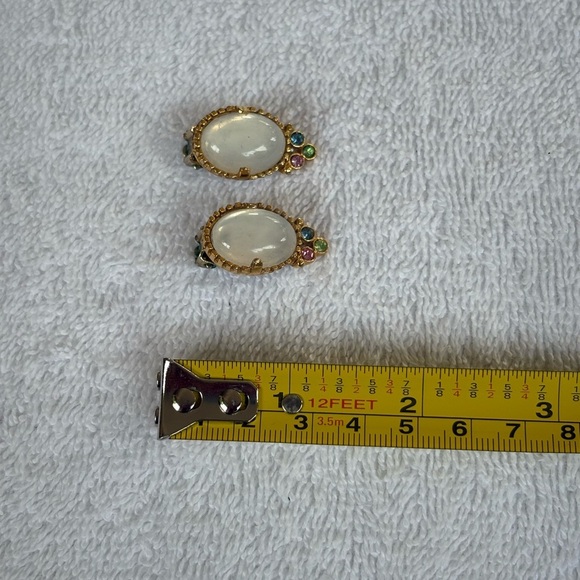 Vintage Mid-Century Moonstone & Rhinestone Clip-On Earrings - Picture 9 of 11